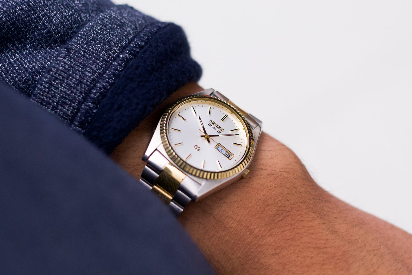 1996 Seiko Baby Day-Date Silver Sunburst Two Tone Men's Wrist-Watch