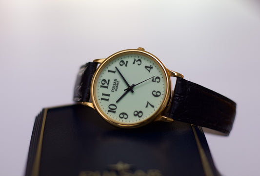 [New Old Stock] 1990s Pulsar Quartz 'Flashlight' Dial Men's Wrist-Watch W/Box & Paperwork