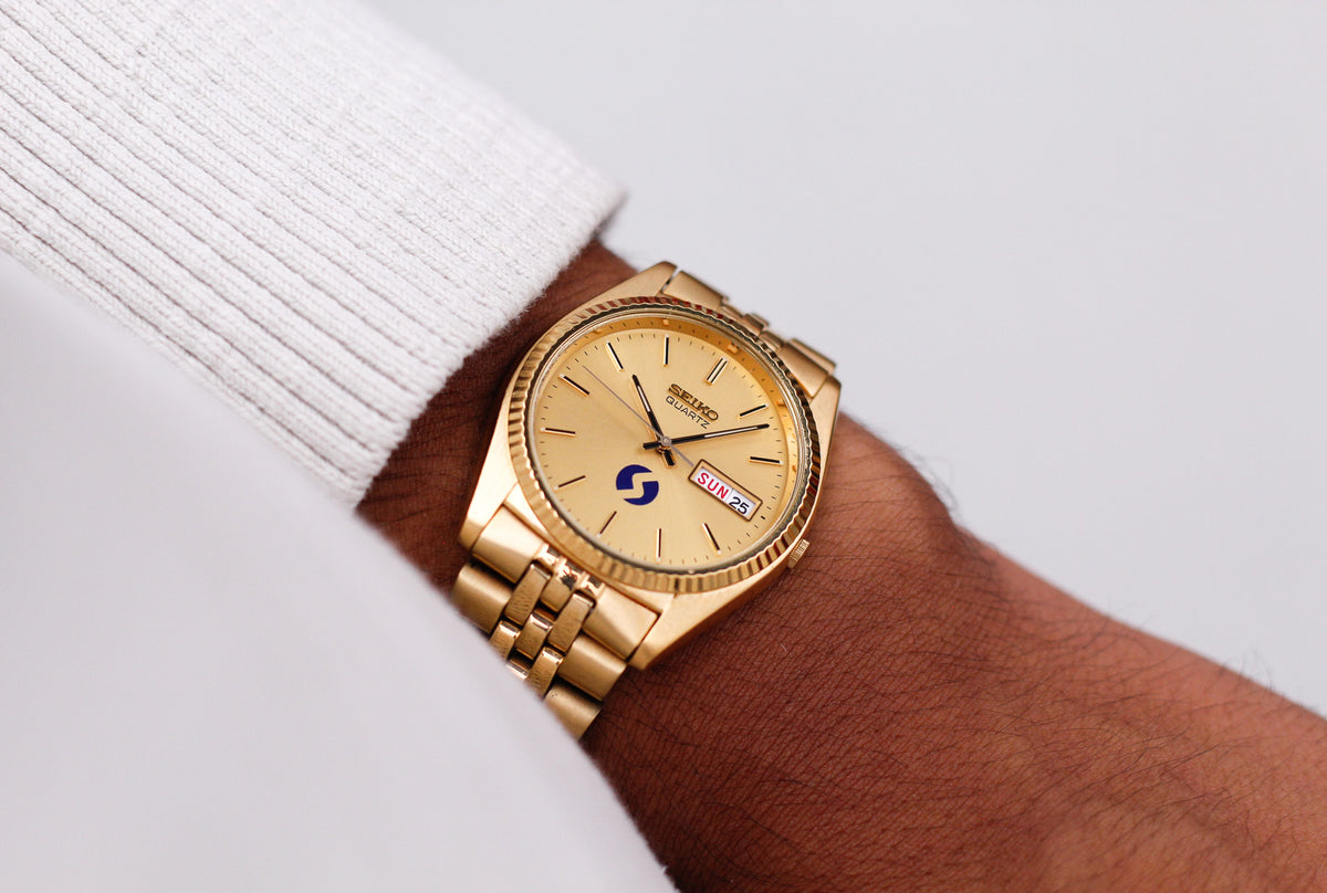 [Near Mint] 1995 Seiko Quartz Golden Sunburst Baby Day-Date Men's Wrist-Watch
