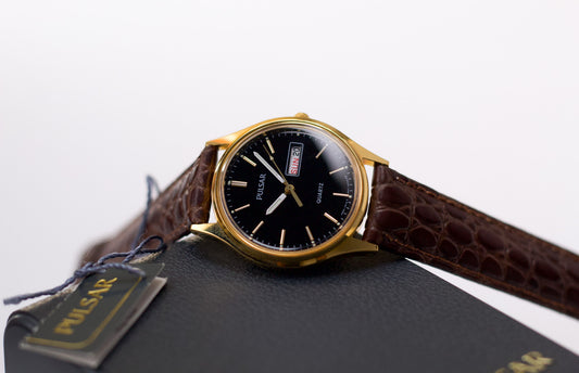 1994 Pulsar Quartz Inky Black Dial Men's Wrist-Watch Full-Set