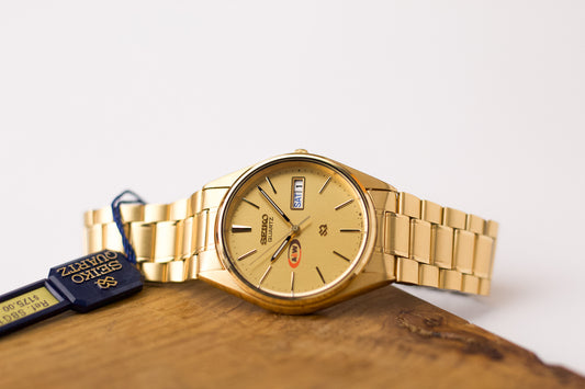 [New Old Stock] 1986 Seiko SQ Quartz Brushed Golden Logo Dial Men's Wrist-Watch W/Tag