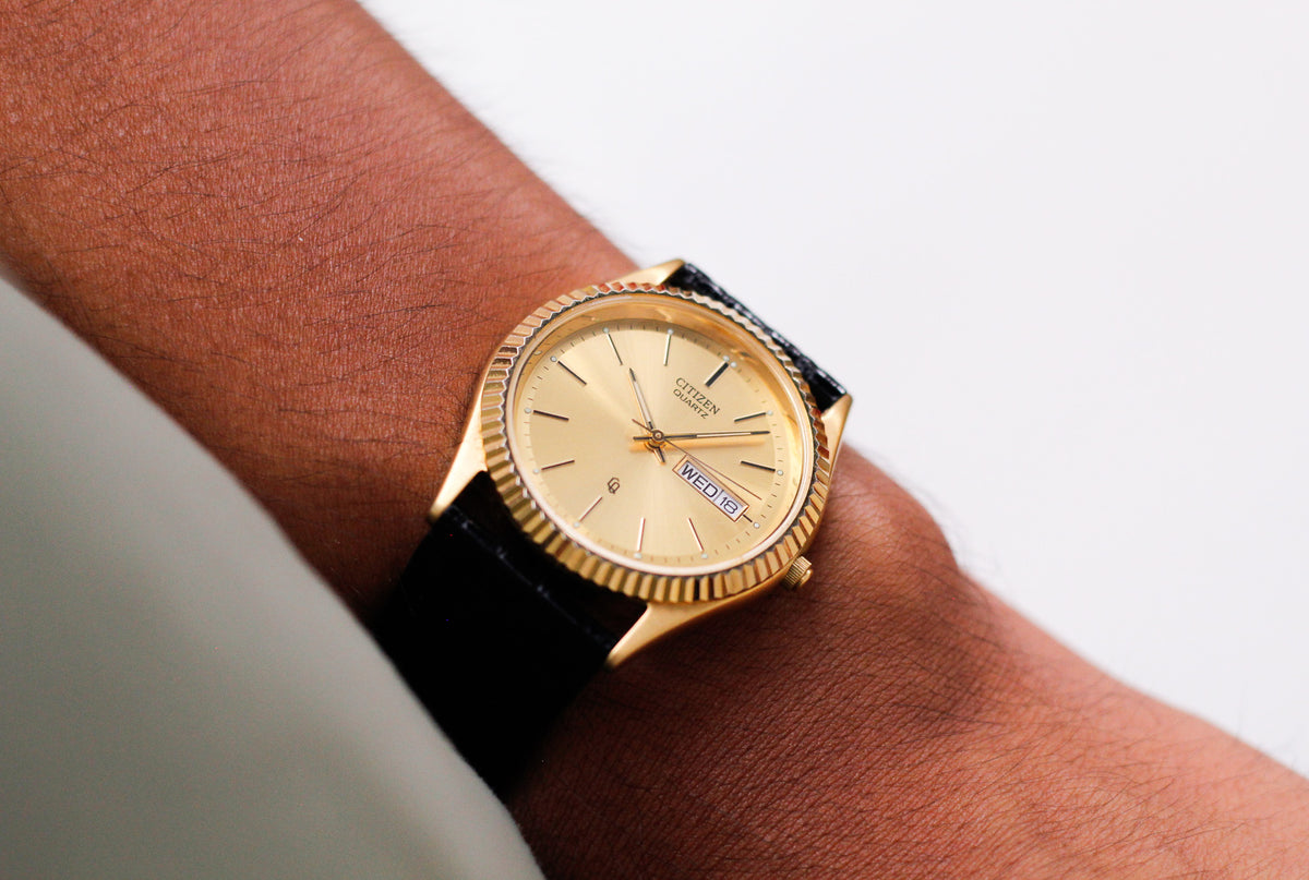1999 Citizen Baby 'Day-Date' Golden Sunburst Dial Two Tone Men's Wrist Watch