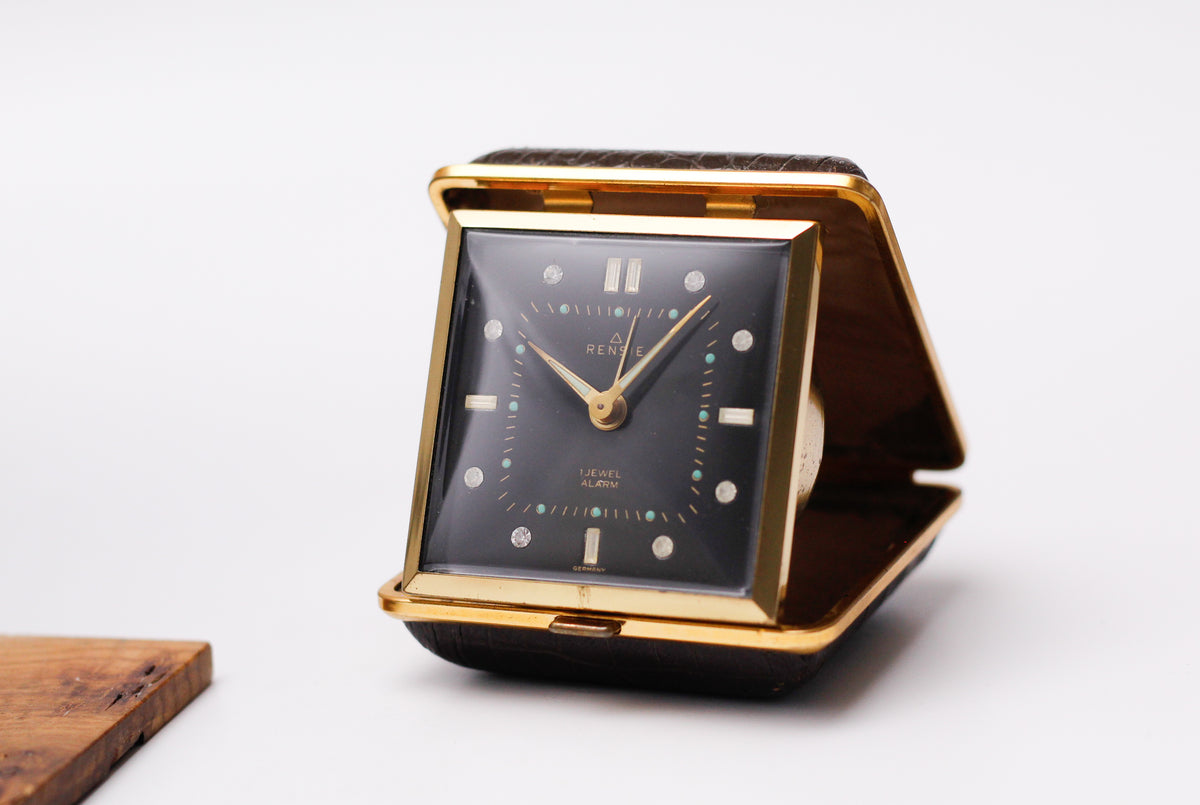 1970s Renise Mechanical Inky Black Dial Alarm Clock