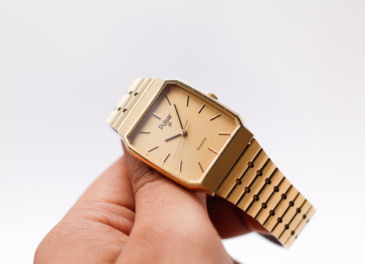 1996 Pulsar Quartz Straight Grain Golden Dial Men's Wrist-Watch