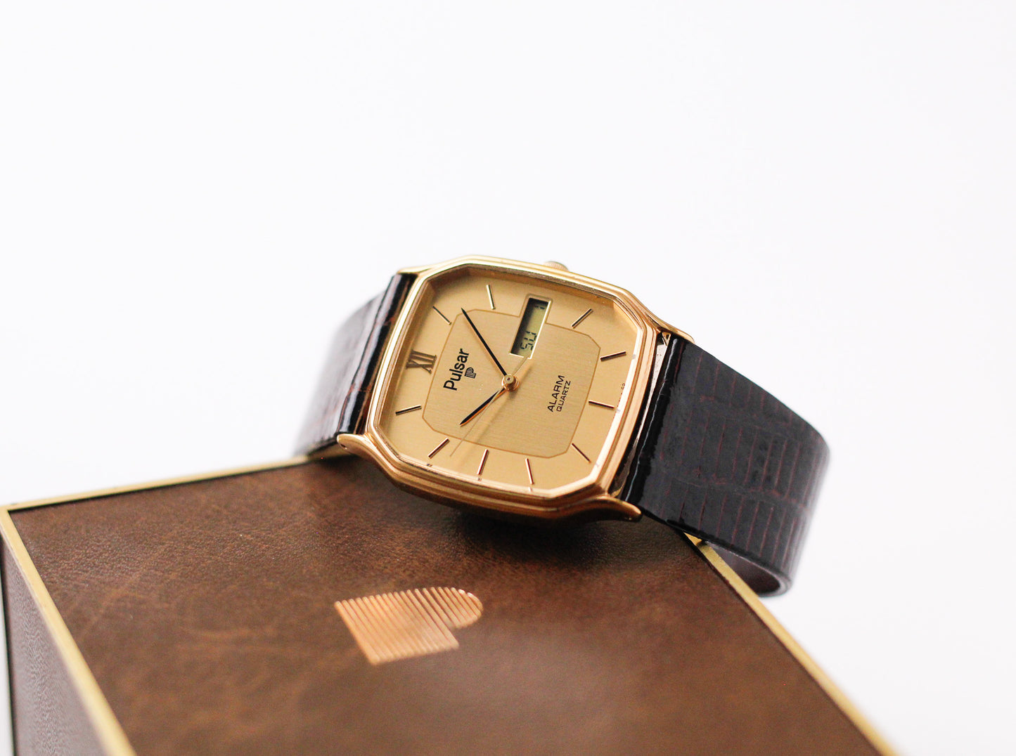 1996 Pulsar Ana-Digi Straight Grain Golden Dial Men's Wrist-Watch W/Box & Papers