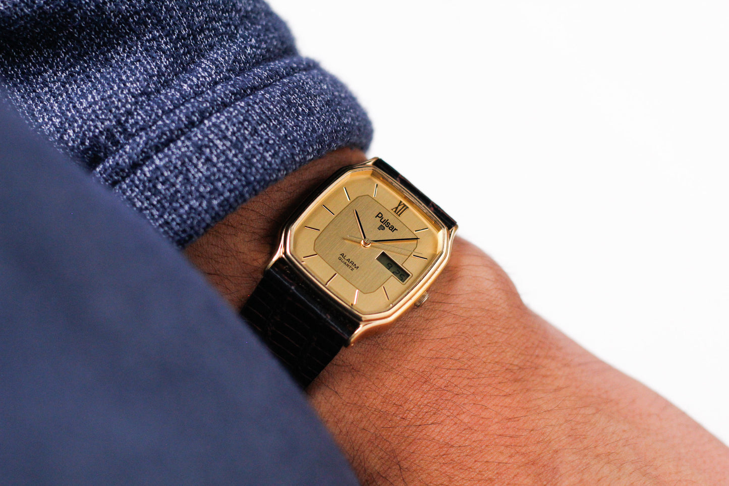 1996 Pulsar Ana-Digi Straight Grain Golden Dial Men's Wrist-Watch W/Box & Papers