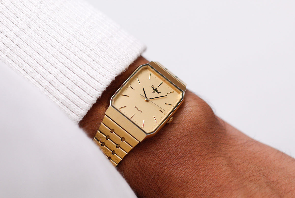 1996 Pulsar Quartz Straight Grain Golden Dial Men's Wrist-Watch