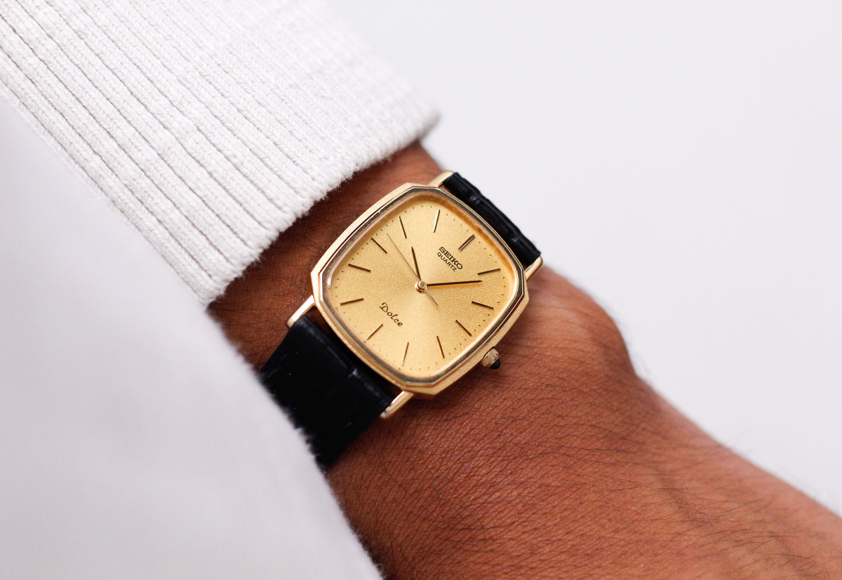1982 Seiko Dolce Frosted Golden Dial Tank Men's Wrist-Watch
