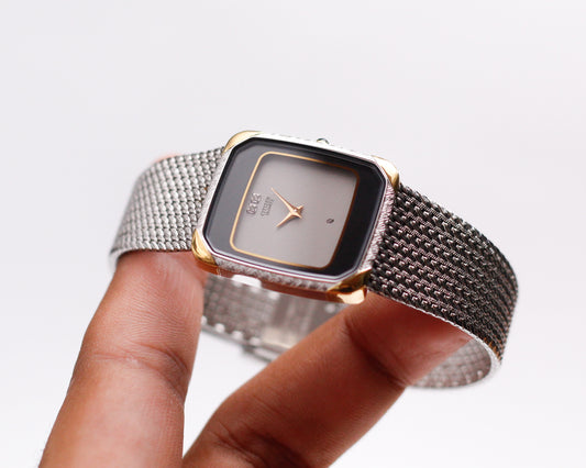 1983 Citizen CQ Quartz Gemstone Silver Dial Frosted Two Tone Case Men's Wrist-Watch
