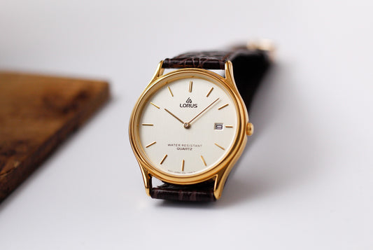[Near Mint] 1990s Seiko Lorus Quartz Straight Grain Golden Dial Men's Wrist-Watch