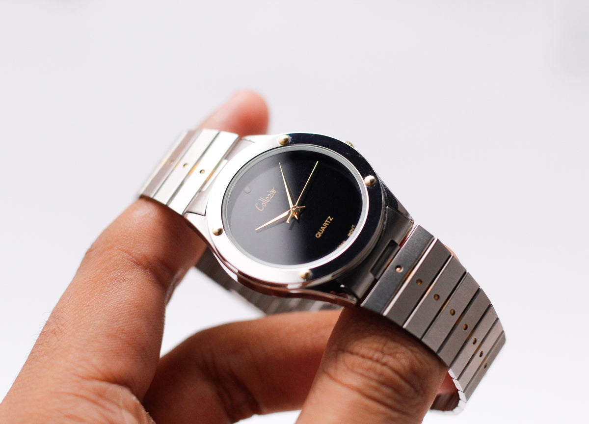 1990s Collezio Quartz Inky Black Dial Two Tone Case Men's Wrist-Watch