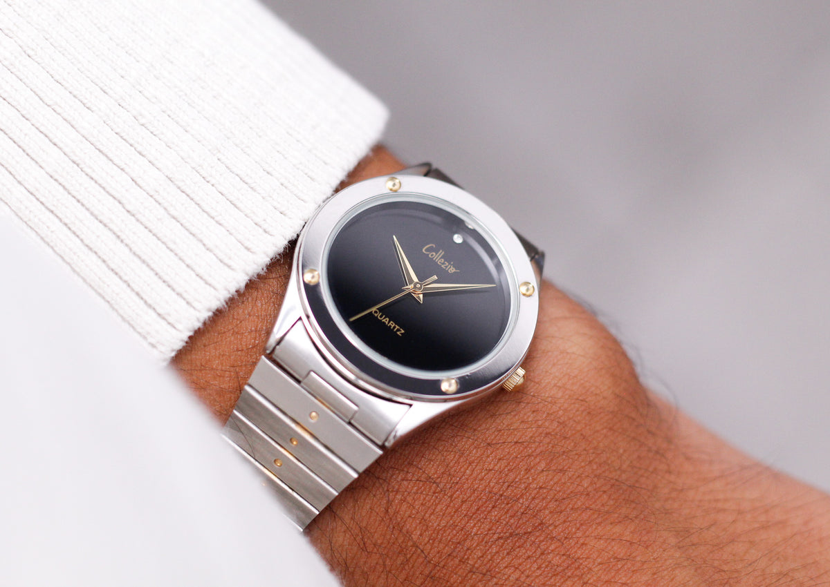 1990s Collezio Quartz Inky Black Dial Two Tone Case Men's Wrist-Watch