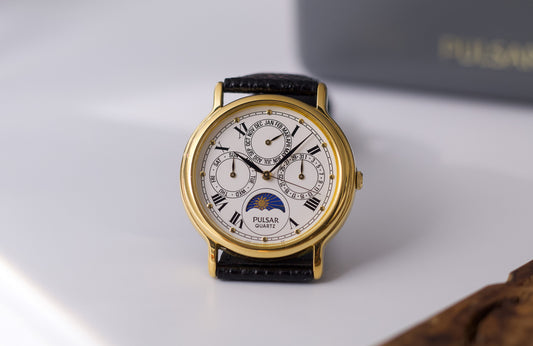 1999 Pulsar Quartz Moonphase Roman Dial Men's Wrist-Watch W/Box & Papers