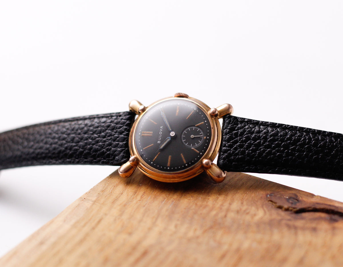 [Serviced] 1940s Bulova 'Bow-tie' Mechanical Matte Black Dial Men's Wrist-Watch
