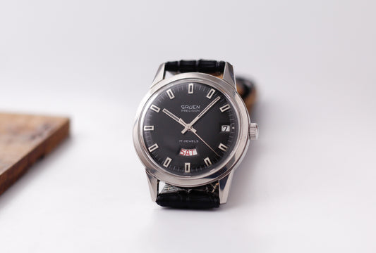 [Serviced] 1960s Gruen Mechanical Day-Date Inky Black Dial Men's Wrist-Watch