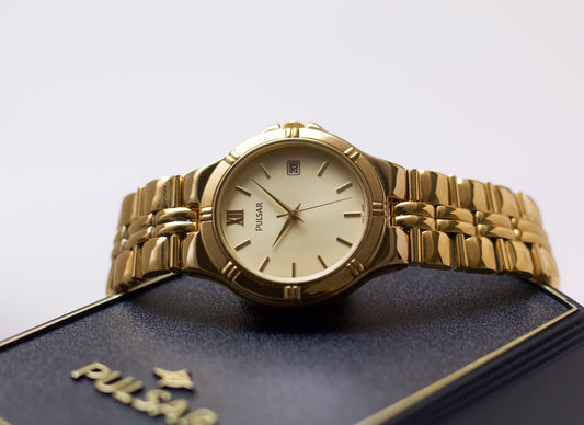 1997 Pulsar Quartz Golden Sunburst Dial Men's Wrist-Watch W/Box & Papers