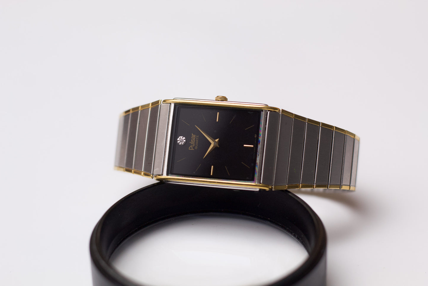 1995 Pulsar Quartz Tank Straight Grain Black Dial Men's Wrist-Watch