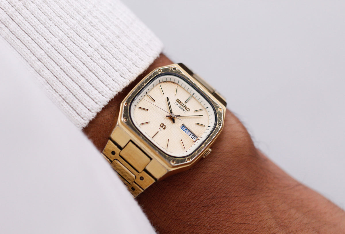 1982 Seiko SQ Golden Waffle Dial 'Baby Santos Tank' Men's Wrist-Watch