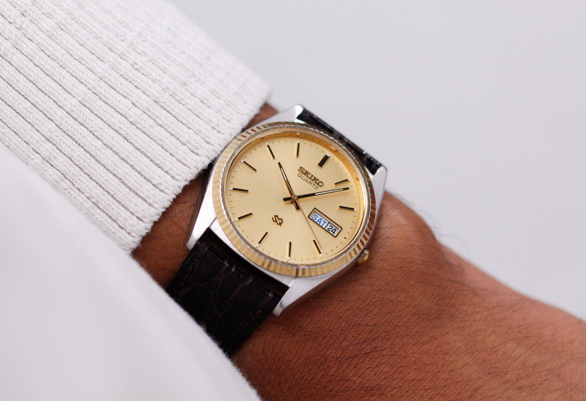 1989 Seiko SQ Golden Sunburst 'Baby Day-Date' Two Tone Case Men's Wrist-Watch