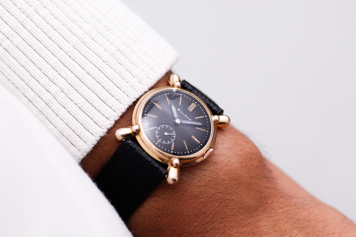 [Serviced] 1940s Bulova 'Bow-tie' Mechanical Matte Black Dial Men's Wrist-Watch