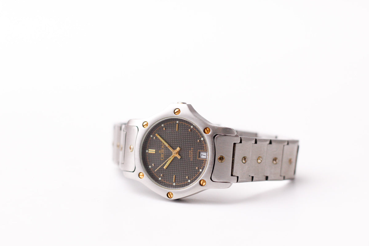 1990s Croton Quartz Baby Santos Octagon Gray Waffle Dial Men's Wrist-Watch W/Box