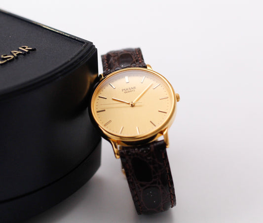 [Mint] 2004 Pulsar Quartz Straight Grain Golden Dial Men's Wrist-Watch W/Box & Paperwork