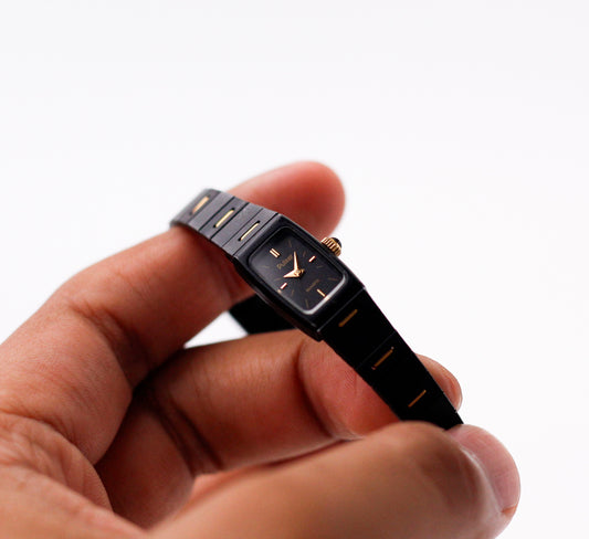 1986 Pulsar Quartz Matte Black Dial Ladies' Two Tone Wrist-Watch
