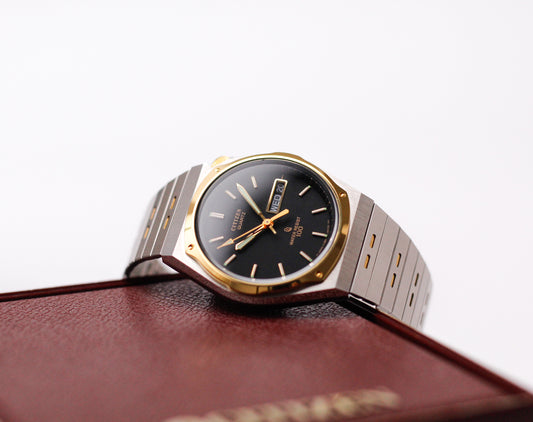 [Near Mint] 1986 Citizen CQ Quartz Matte Black Dial Two Tone Men's Wrist-Watch W/Box