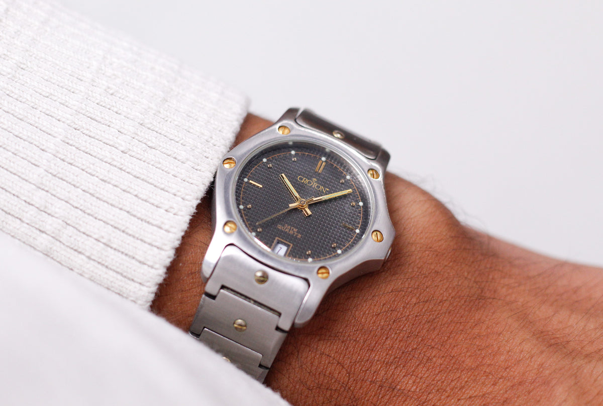 1990s Croton Quartz Baby Santos Octagon Gray Waffle Dial Men's Wrist-Watch W/Box