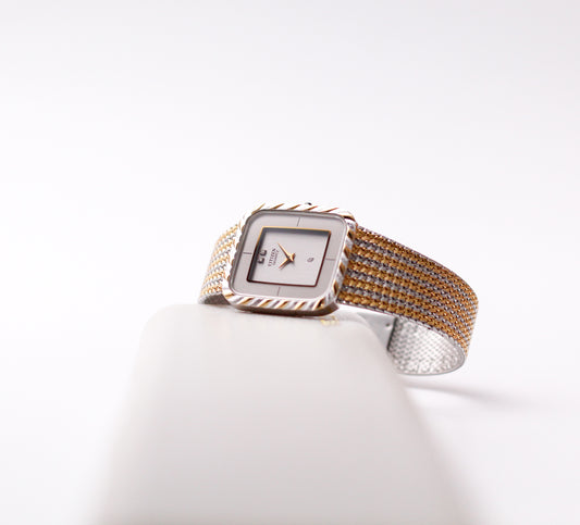 [Near Mint] 1982 Citizen CQ Quartz Gemstone Silver Straight Grain Dial Braided Two Tone Case Men's Wrist-Watch W/Box