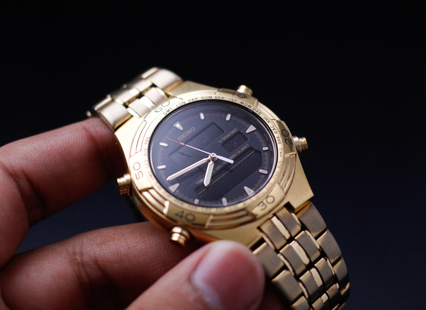 2004 Seiko Quartz Ana-Digi World-Timer Gold Toned Case Men's Wrist-Watch