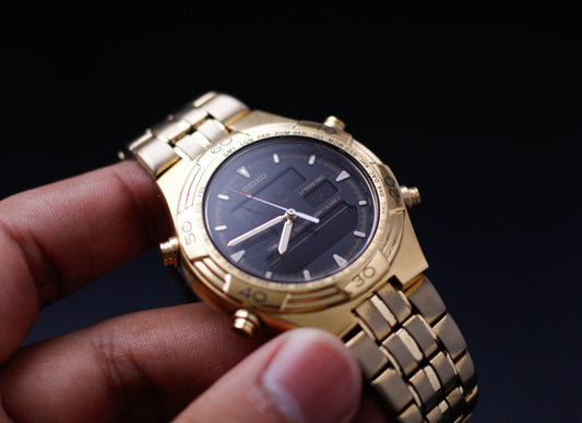 2004 Seiko Quartz Ana-Digi World-Timer Gold Toned Case Men's Wrist-Watch