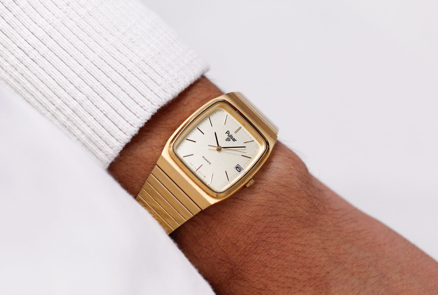 1984 Pulsar Quartz Striped Golden Dial Men's Wrist-Watch