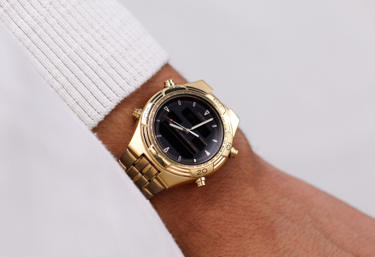 2004 Seiko Quartz Ana-Digi World-Timer Gold Toned Case Men's Wrist-Watch