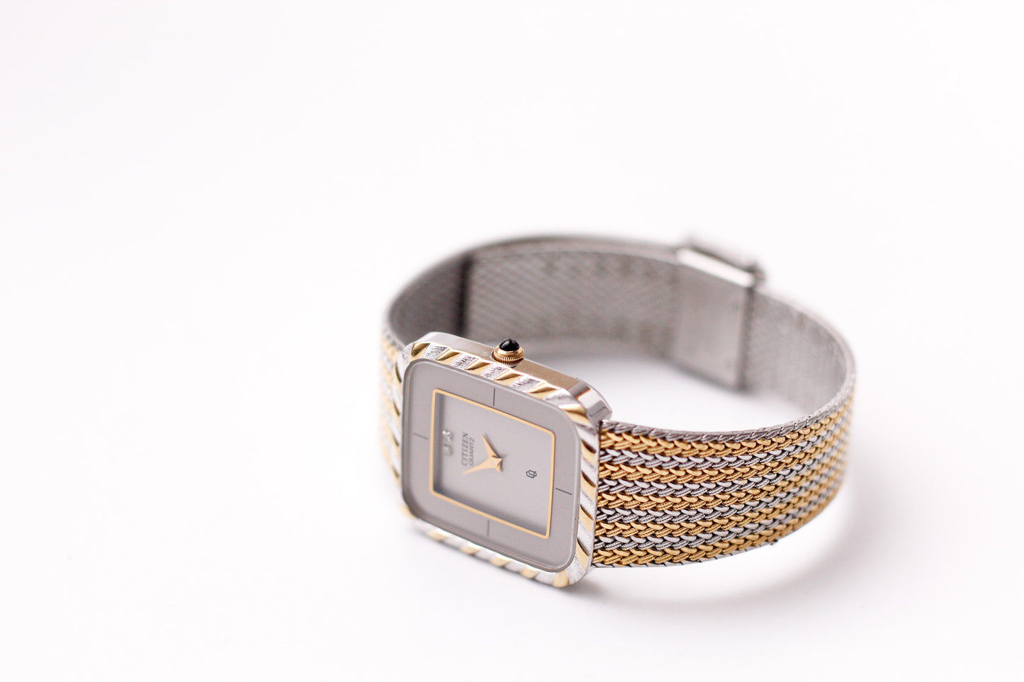 [Near Mint] 1982 Citizen CQ Quartz Gemstone Silver Straight Grain Dial Braided Two Tone Case Men's Wrist-Watch W/Box