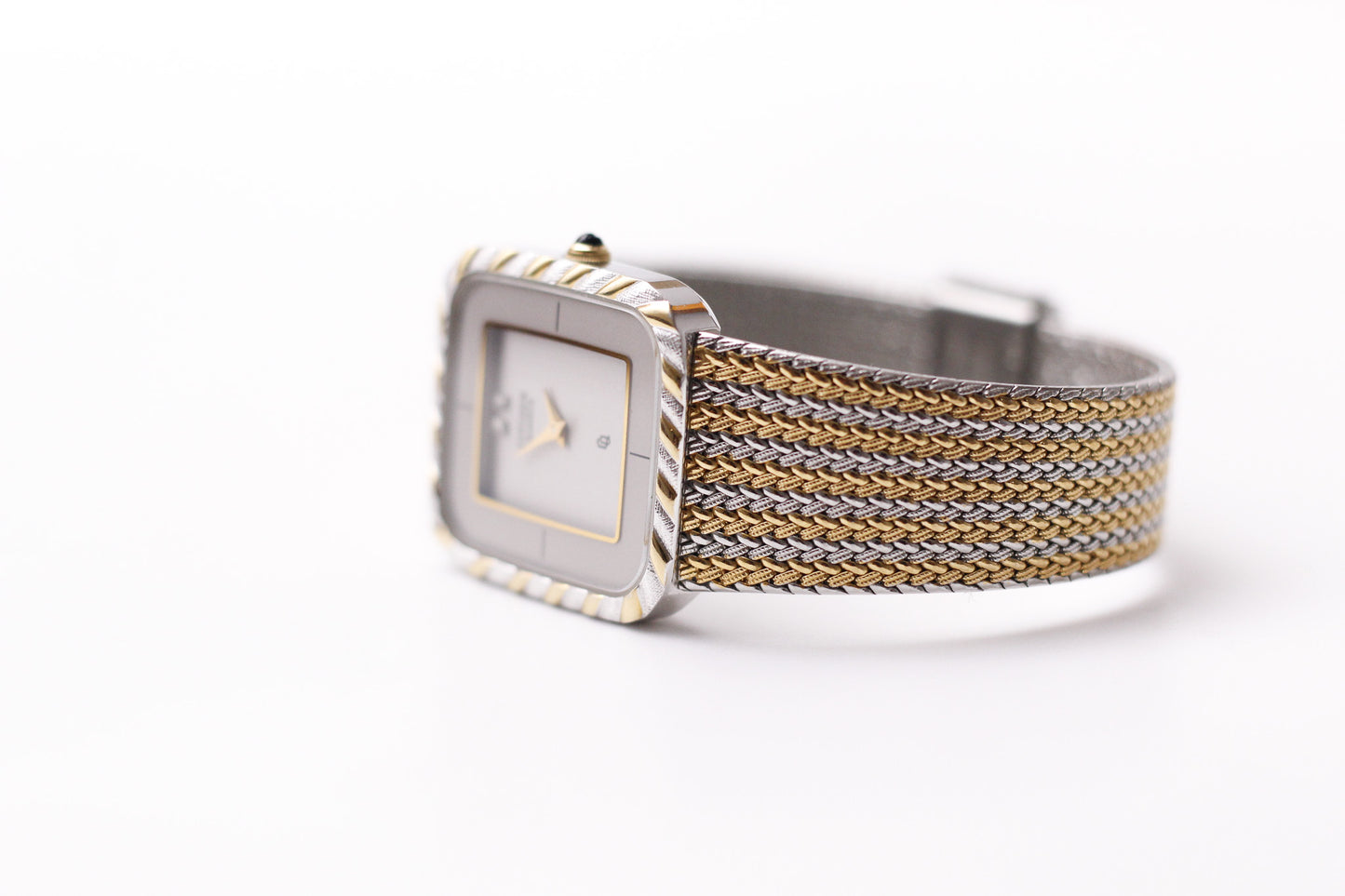 [Near Mint] 1982 Citizen CQ Quartz Gemstone Silver Straight Grain Dial Braided Two Tone Case Men's Wrist-Watch W/Box