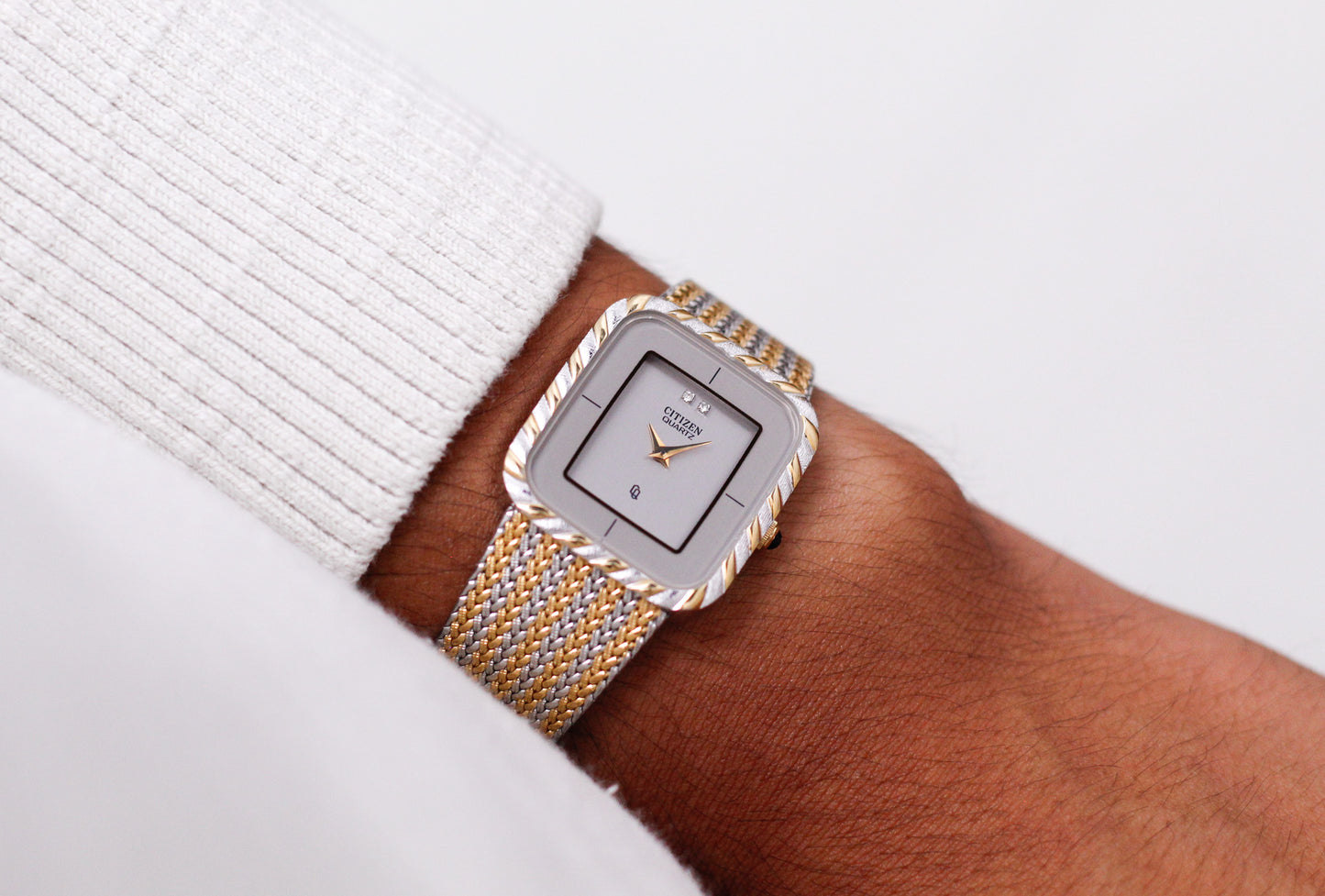 [Near Mint] 1982 Citizen CQ Quartz Gemstone Silver Straight Grain Dial Braided Two Tone Case Men's Wrist-Watch W/Box