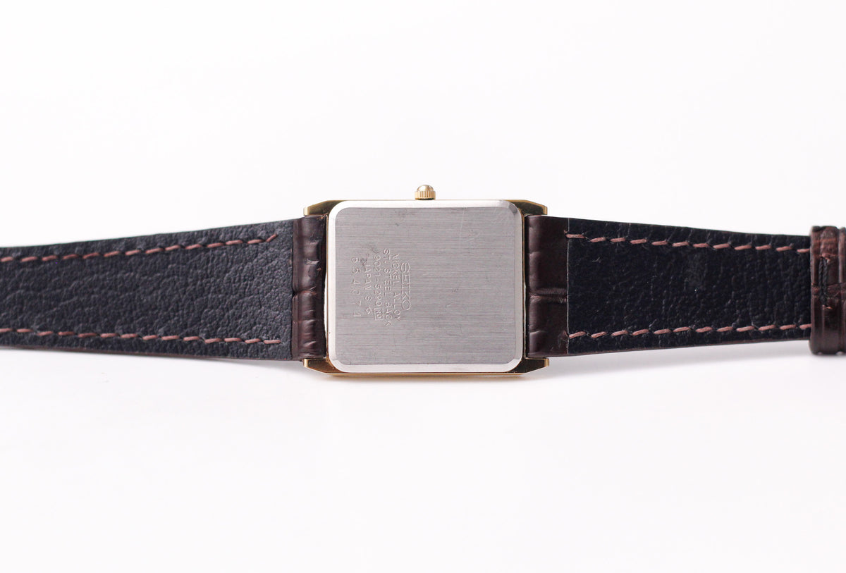 1986 Seiko Quartz Straight Grain Golden Dial Tank Men's Wrist-Watch