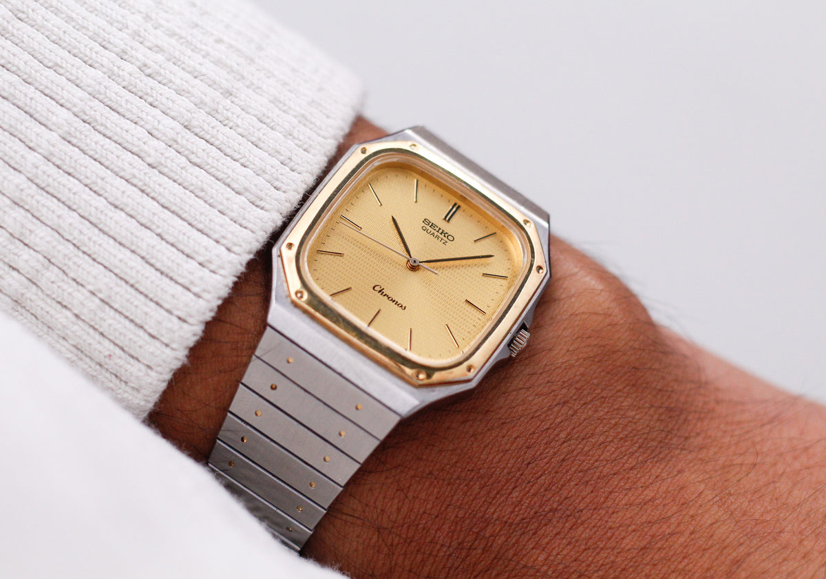 1985 Seiko Chronos 'Baby Santos' Textured Golden Dial Men's Wrist-Watch
