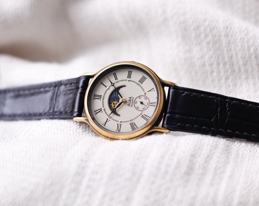 1998 Seiko Alba Quartz Light Golden Moonphase Dial Men's Wrist-Watch