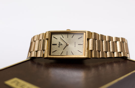 1996 Pulsar Quartz Frosted Golden Dial Men's Wrist-Watch W/Box