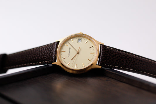 [Serviced] 1980s Hamilton Quartz Light Golden Dial Men's Wrist-Watch