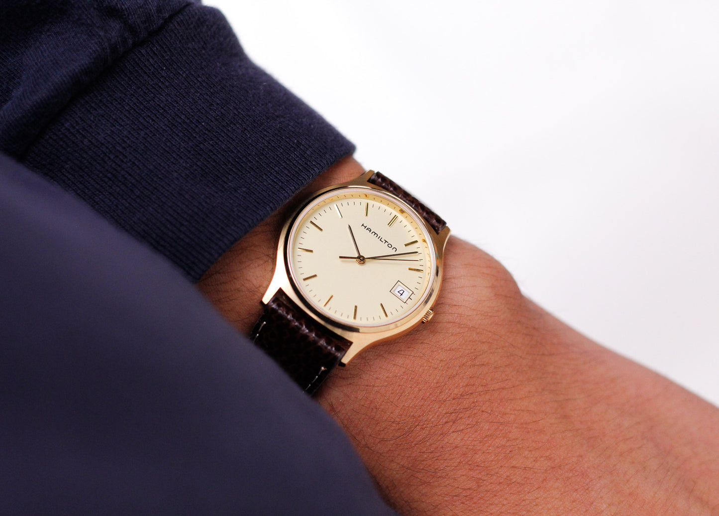 [Serviced] 1980s Hamilton Quartz Light Golden Dial Men's Wrist-Watch
