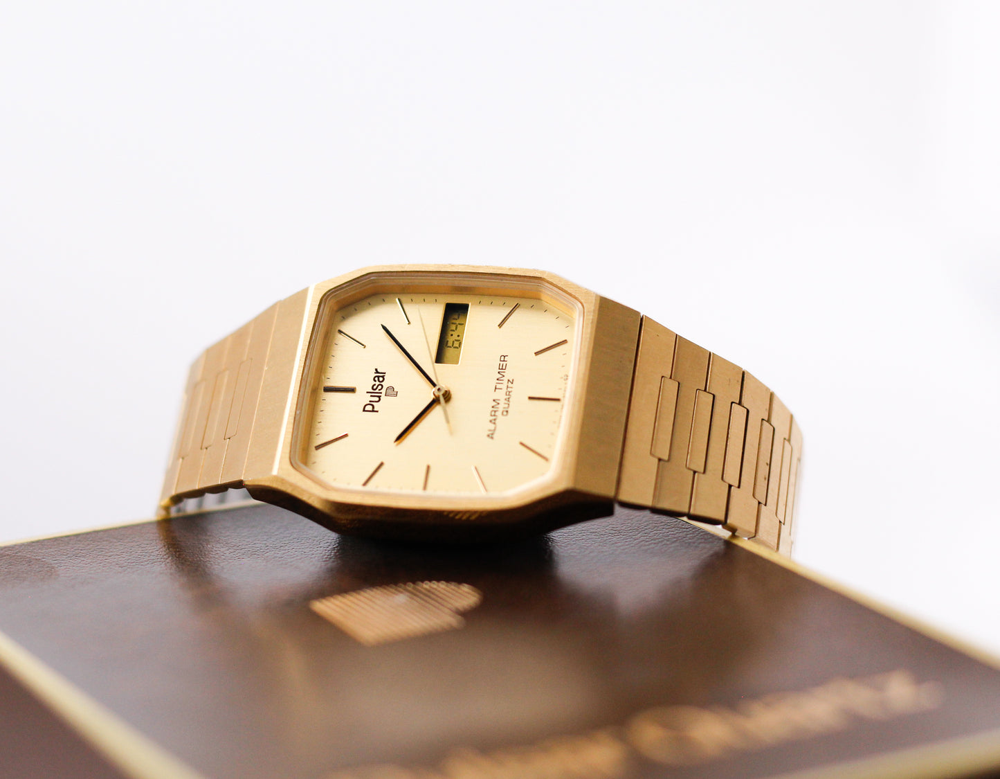 1986 Pulsar Ana-Digi Straight Grain Golden Dial Men's Wrist-Watch W/Box
