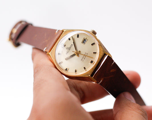 [Serviced] 1960s Helbros Mechanical Golden Sunburst Dial Men's Wrist-Watch
