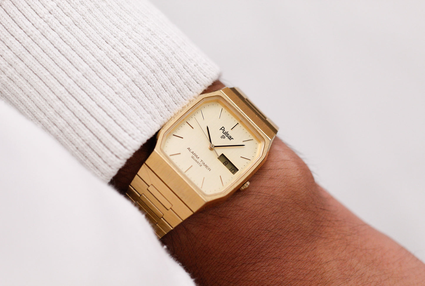 1986 Pulsar Ana-Digi Straight Grain Golden Dial Men's Wrist-Watch W/Box