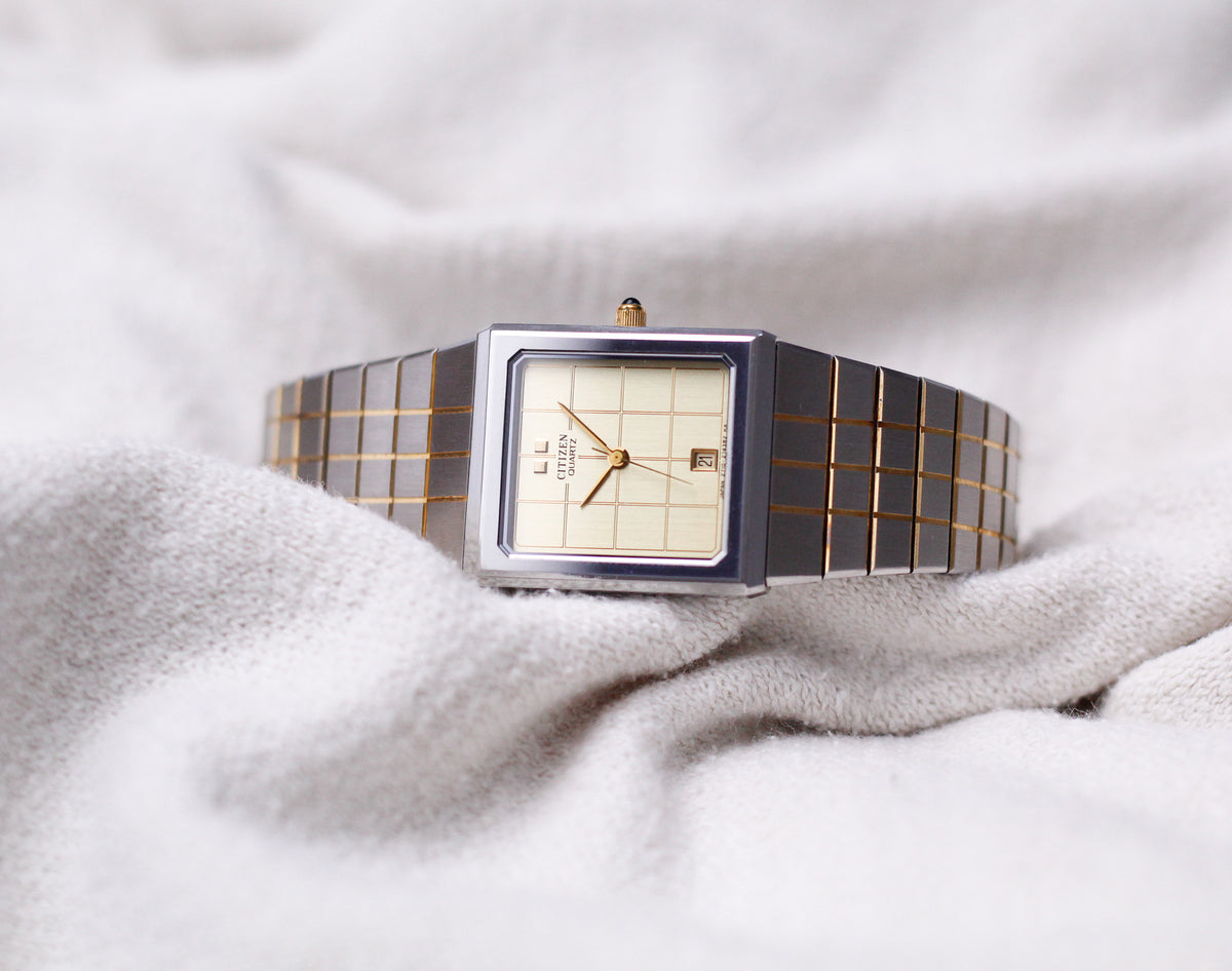 1984 Citizen Quartz Golden 'Grid' Dial Two Tone Tank Men's Wrist-Watch