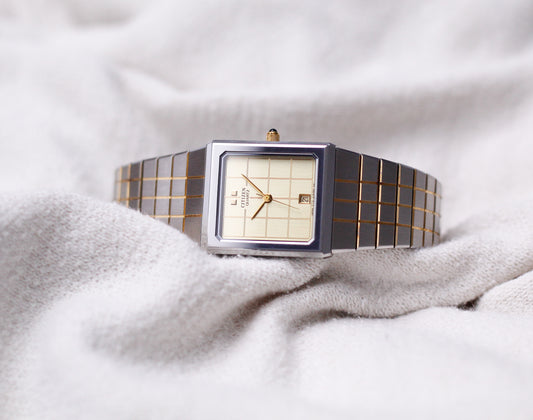 1984 Citizen Quartz Golden 'Grid' Dial Two Tone Tank Men's Wrist-Watch