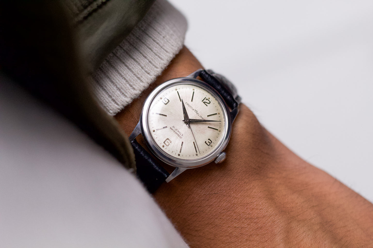 [Serviced] 1960s French Croton Reliance Aged Silver Sunburst Dial Mechanical Men's Wrist-Watch