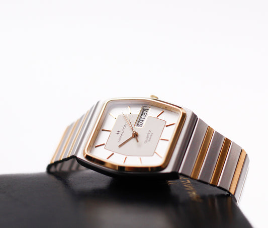 1980s Hamilton Quartz Cream White Dial Two Tone Men's Wrist-Watch W/Box & Papers